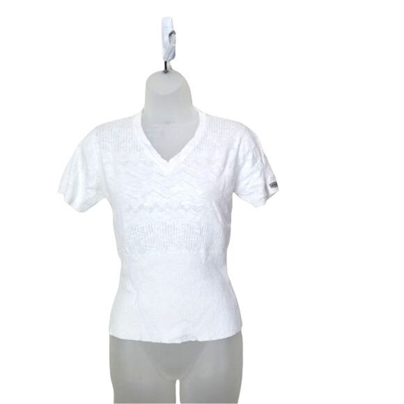 COLUMBIA Womens Sweater Open Knit V-Neck Pullover Sleeves Soft White‎ Medium - Picture 1 of 9